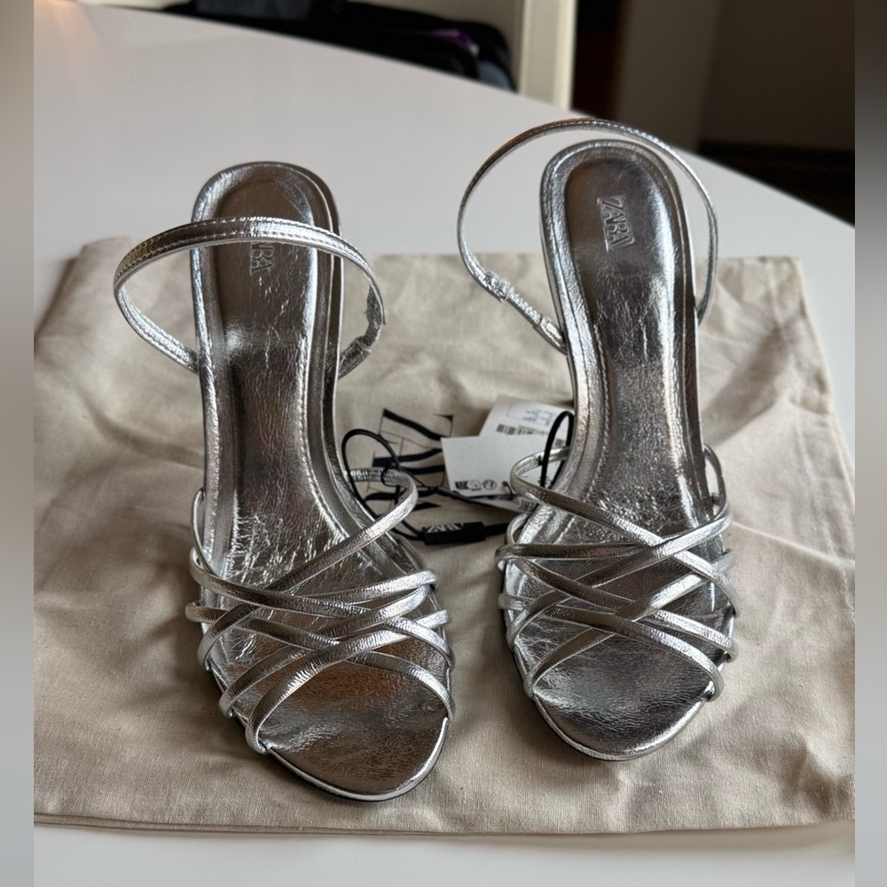 Zara Metallic Silver Heeled Sandals